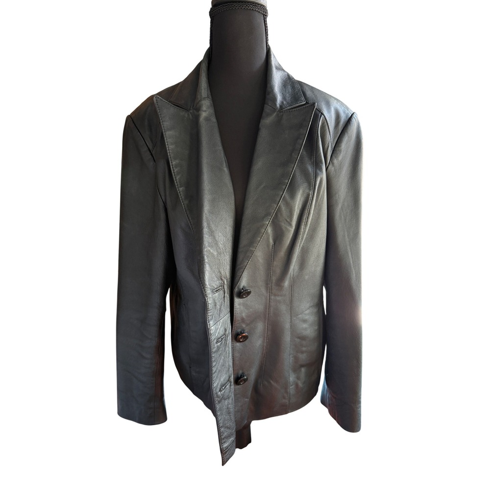 East 5th Vintage Black Genuine Leather Black Jacket Womens Large Y2K 3-Button